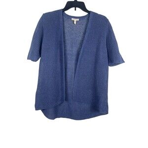 Eileen Fisher Organic Linen Open Front Cardigan Blue Short Sleeve L Minimalist